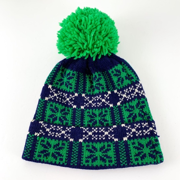Vintage wool ski cap by IKS Aspen heavy knit pom pom beanie blue & green - Picture 5 of 5